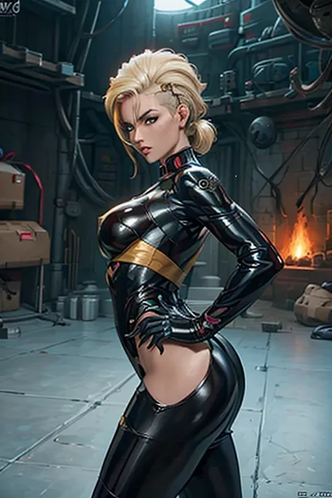 woman, blonde, hair shaved on the sides, stylish fringe, sculptural body, ((hi tech suits)), ass pov, ready for combat