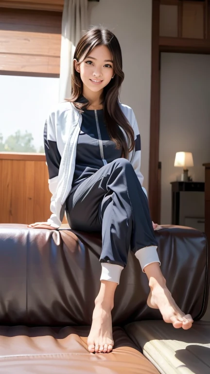 1girl, solo, long hair, looking at viewer, smile with teeth, black hair, brown eyes, indoors, sitting sofa, (leaning forward), track jacket, track suit, track pants, exposed thigh, 22years old japanese lady, double vertical stripe, (best quality,4k,8k,high...