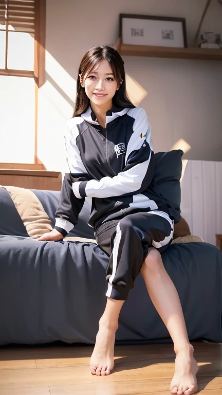 1girl, solo, long hair, looking at viewer, smile with teeth, black hair, brown eyes, indoors, sitting sofa, (leaning forward), track jacket, track suit, track pants, exposed thigh, 22years old japanese lady, double vertical stripe, (best quality,4k,8k,high...