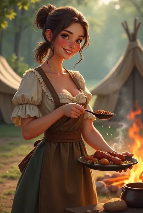 cute  young a peasant woman from the 1700s serving food camping  bikini