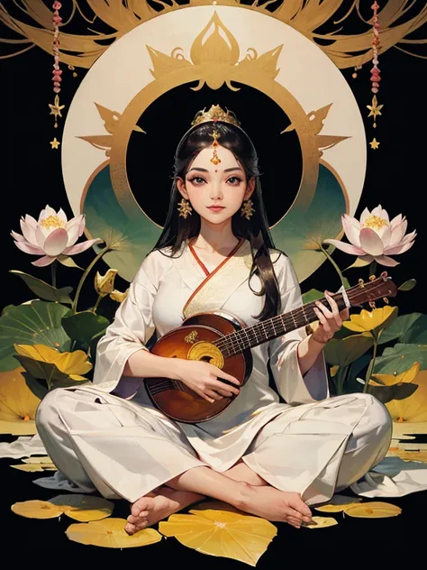 ((masterpiece)), (Photorealistic), (High resolution, Best Quality, Super detailed), (Highly detailed face:1.2, unparalleled beauty, very beautiful face), 
Lotus flower, Asian taste Lotus religious painting, lotus flowers blooming in paradise, Hindu Goddess...