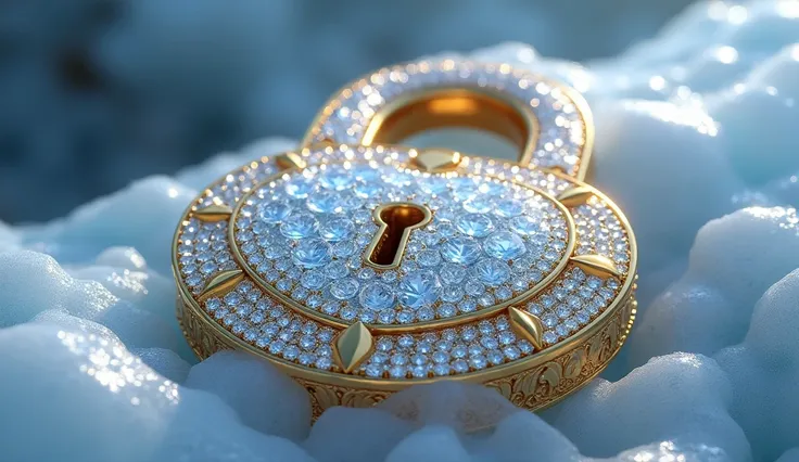 A PADLOCK MADE OF DIAMONDS WITH GOLD DETAILS WRAPPED IN ICE