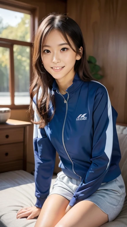 1girl, solo, long hair, looking at viewer, smile with teeth, black hair, brown eyes, indoors, sitting sofa, (leaning forward), track jacket, track suit, track pants, exposed thigh, 22years old japanese lady, double vertical stripe, (best quality,4k,8k,high...