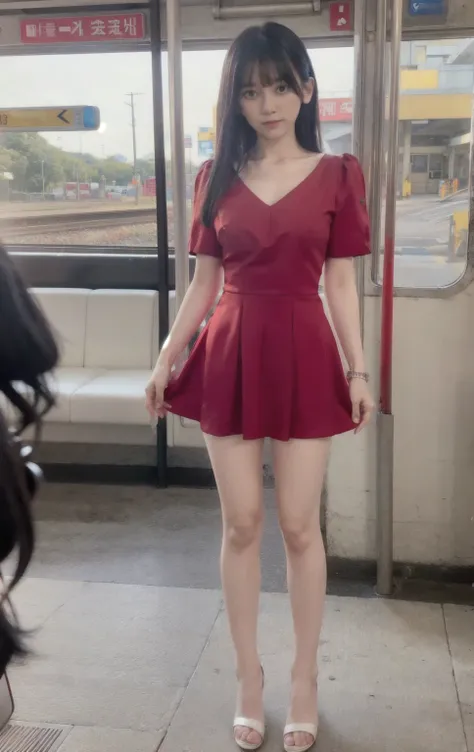 realistic photos of (1 cute Korean star) flipped hair, thin makeup, (big breasts), wearing mini red dress, at the train station, clear facial features of Canon EOS, 16k, high resolution, sharp and realistic details,  overexposure, cut-in, UHD, high res, be...