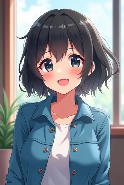 Twenty-five years old one anime girl who has black short hair, black eyes, pink lip and wearing blue jacket and speaking with smile. Show me all body.