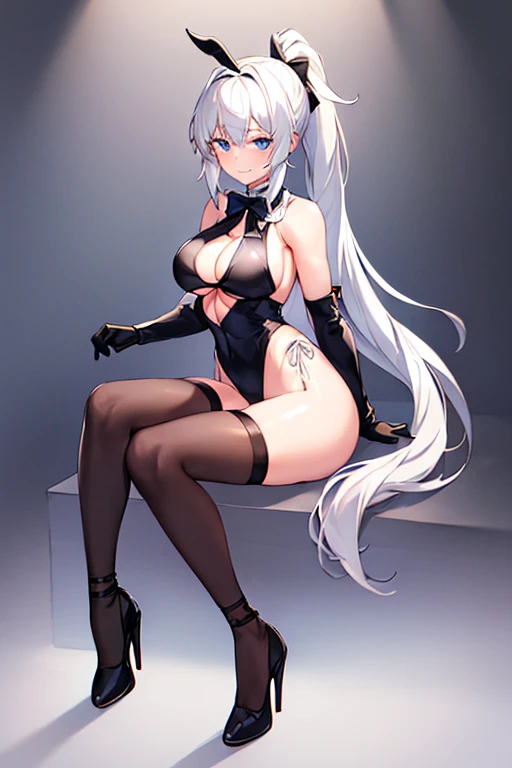 1girl, white hair, ponytail, long ponytail, long hair, breasts, mature female, leotard, black leotard, cleavage cutout, underboob, thighhighs, black thighhighs, gloves, smile, sleeveless, blue eyes, high heels, full_body, ((full body)), bowtie