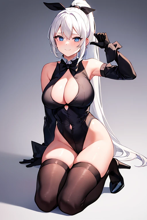 1girl, white hair, ponytail, long ponytail, long hair, breasts, mature female, leotard, black leotard, cleavage cutout, underboob, thighhighs, black thighhighs, gloves, smile, sleeveless, blue eyes, high heels, full_body, ((full body)), bowtie