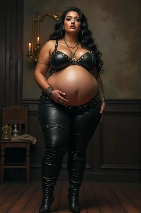 Heavily pregnant dominatrix. Humugous belly. Leather pants. Busty. High heels. 