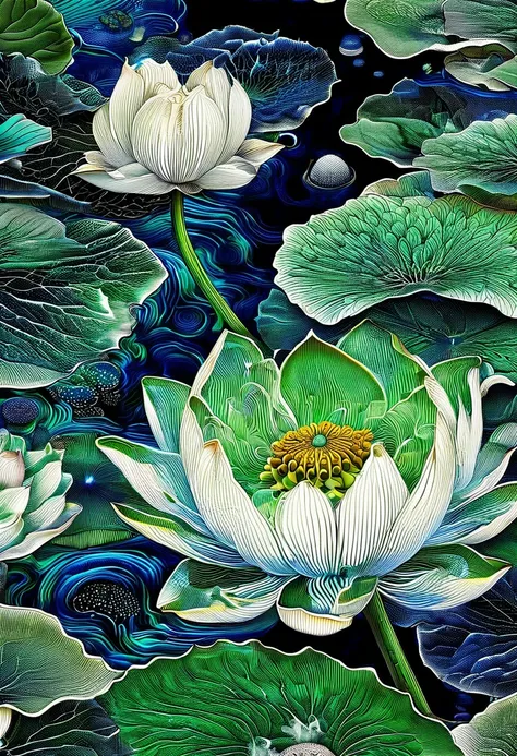 ( perfectly correct anatomy )dark ink blue-green background. a large white lotus. lotus pod. one lotus bud. lotus leaf. lotus po...