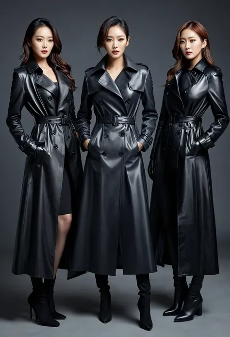 here is an artistic representation of three 4 korean fashion model actresses wearing hyper-realistic black leather long gloves a...