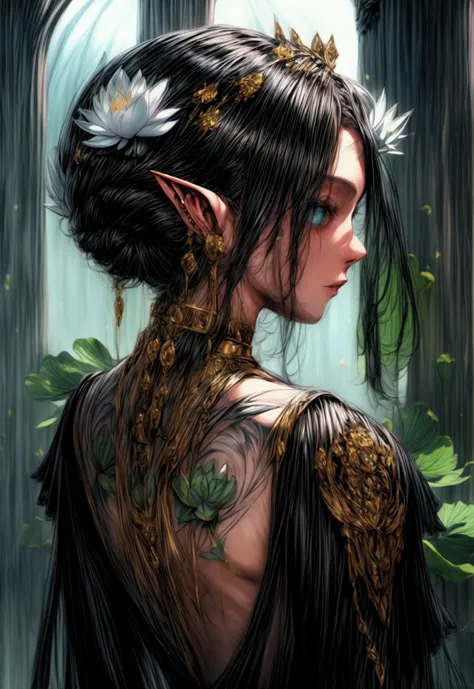 Arafed, Dark fantasy art, fantasy art, goth art, a picture of a tattoo on the back of a female elf, a glowing tattoo of a ((white lotus: 1.3)) on the elfs back, the ((lotus 1.3), she wears a transparent black dress, the dress is elegant, flowing, elven sty...