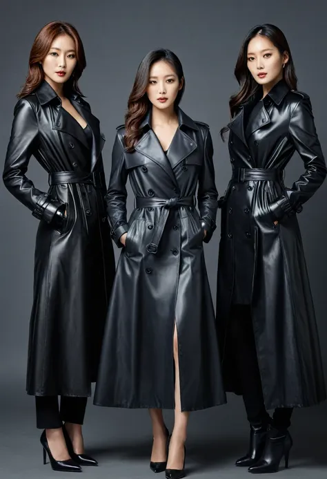 here is an artistic representation of three 4 korean fashion model actresses wearing hyper-realistic black leather long gloves a...