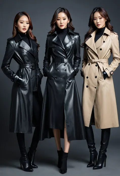 here is an artistic representation of three 4 korean fashion model actresses wearing hyper-realistic black leather long gloves a...