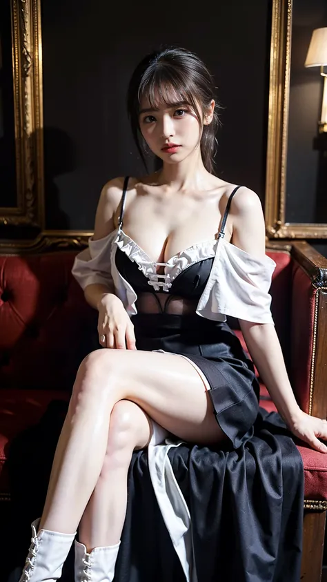 (8k、RAW Photos、Highest quality、masterpiece:1.2)、(Realistic、Realistic)、1 person、((black and white dress、Off the shoulder、See-through、Cleavage、Garter Ring、mini skirt、Thin legs、whole body、boots、View from the front、Looking into the camera、bar、Sitting))、cute