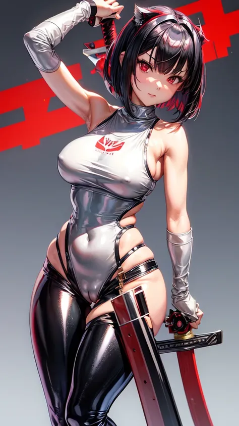 solo girl,Glossy metalic light silver tank top, tight latex shiny, Red interpolation color,Black hair bob,red eyes, camel toe, Samurai Sword,
Lift one leg, sexy lady, โชว์กางเกงใน girl, ถ่างขา, งอเข่า,