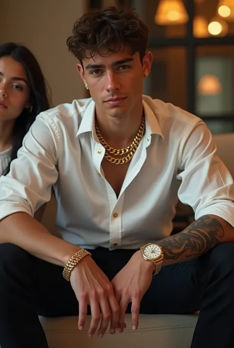 Boy with white shirt and black pant having tottto on right hand and gold chain on neck and putting rolex watch on left hand and siting with girl 