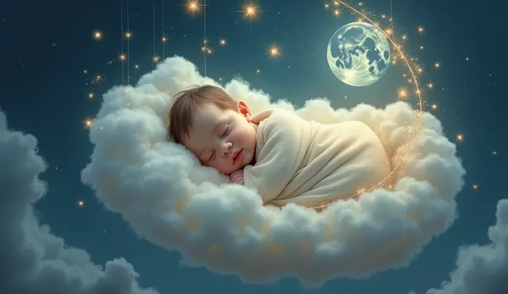 Baby sleeping under the moon and stars surrounded in a cradle of clouds and hanging stars