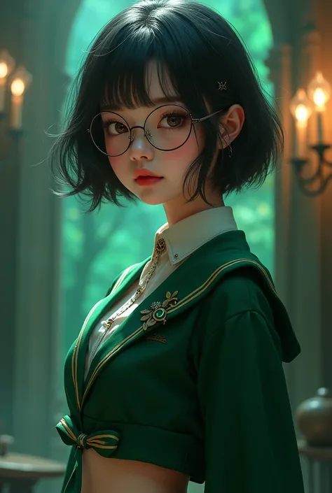 1 korean girl in slytherin uniform, wearing spectacles, crop top, intricate details, realistic, 8k, high quality, vibrant colors, chiaroscuro lighting, magical atmosphere, fantasy make up art, masterpiece, short hair