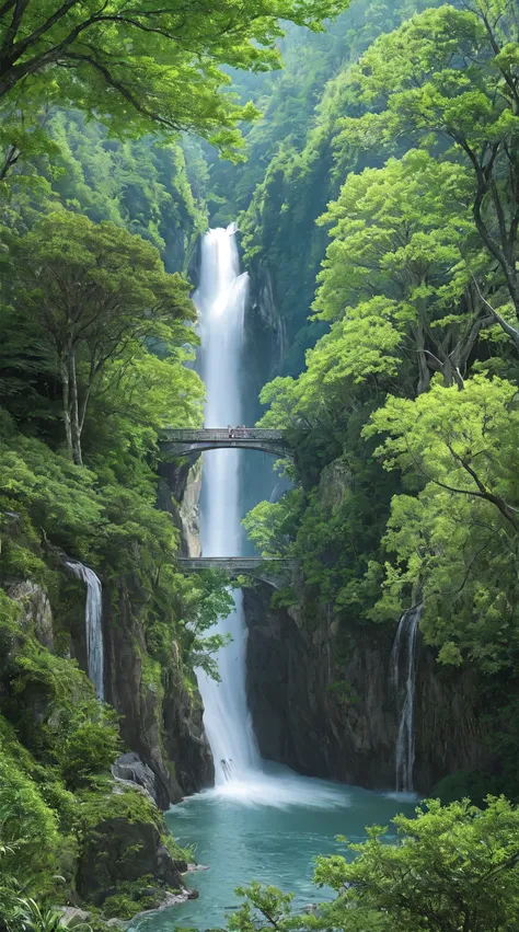 Masterpiece, best quality, 8ก, high resolution, Very detailed, A picture of a waterfall flowing down a high cliff amidst lush greenery., Decorated with vibrant flowers, Towering pine trees, and the delicate bamboo garden,no human, Sakura, Beautiful view, V...