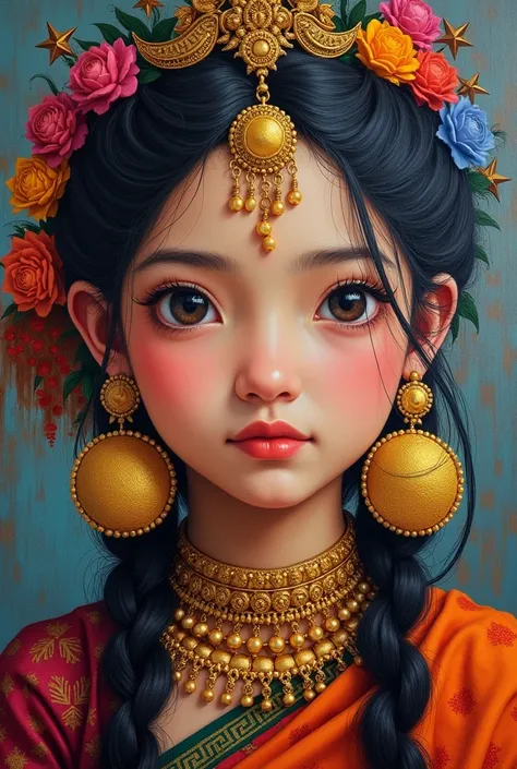 Nepali treditionl tebaitian  bhutanees 19 year girl 


  ,wearing treditionl nepali dress with gold ornaments big round disk earings, star and moon ornaments on a forehead 
,art oilpaint, acrylic, vibrant colour different colour,potrait painting  
