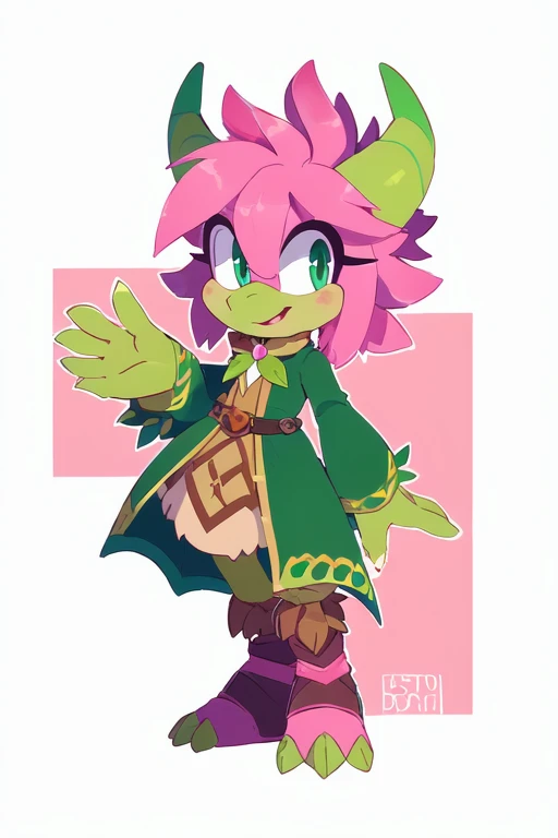 drawing of a cartoon character with a pink and green outfit, a humanoid thistle monster, as an anthropomorphic dragon, colored drawing, a character based on a haggis, complex fantasy character, kobold, full color drawing, young male anthro dragon, color dr...