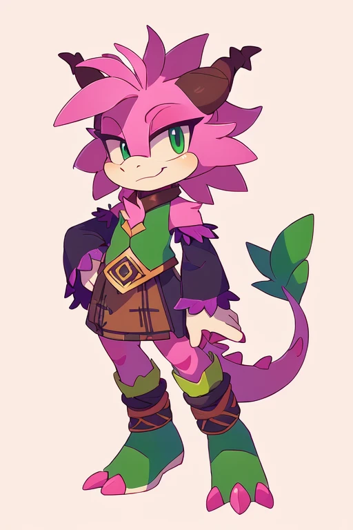 drawing of a cartoon character with a pink and green outfit, a humanoid thistle monster, as an anthropomorphic dragon, colored drawing, a character based on a haggis, complex fantasy character, kobold, full color drawing, young male anthro dragon, color dr...