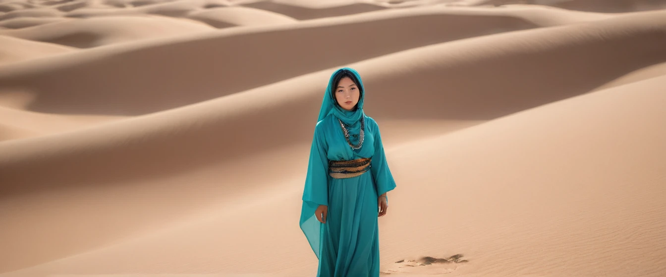 A photo of a (Japanese girl:1.3) in (Tuareg traditional dress:1.2), standing amidst vast, undulating sand dunes, sun-kissed desert landscape, (turquoise jewelry:1.1) contrasting with earthy dress tones, mysterious veil obscuring face, intense gaze piercing...