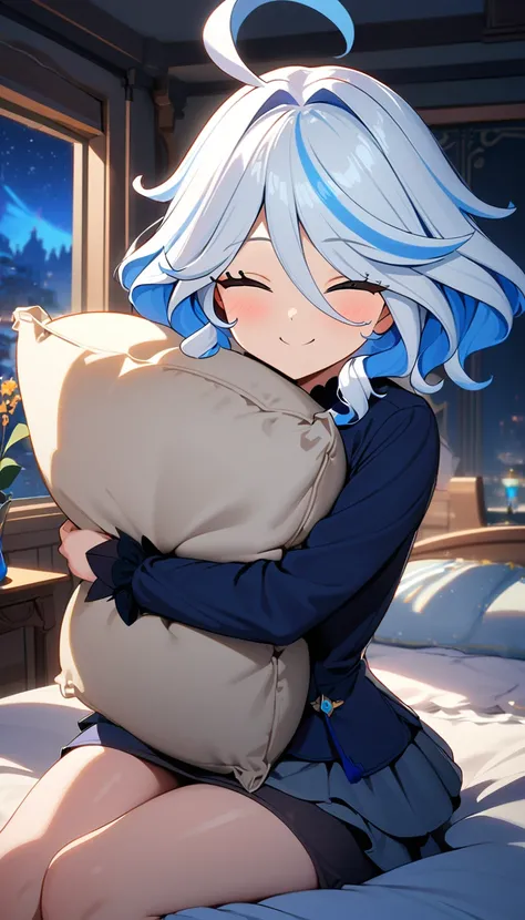 1girl, A anime girl named ((furina)), adult, from genshin impact, a cute furina, solo, blue and white hair, (hugging a pillow), (smiling), (closed eye), (hair decoration), (bedroom), dynamic light, (window), (night view)