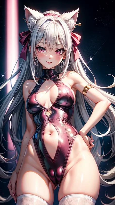 Silver hair, pink eyes, body, cat ears, woman, earrings, sparkle background, red clothes, diamond hair bows, happy face,
,ชุดรัดรูป, camel toe, โชว์กางเกงใน , โชว์หน้าอก, หัวนม, กางขา,