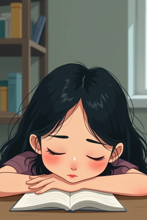 Woman fighting sleepiness、An illustration、cute、Black Hair