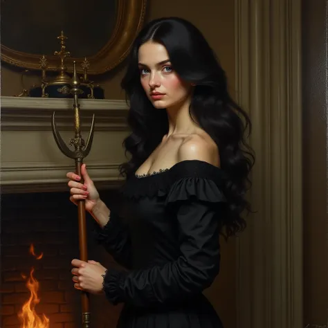 Realistic oil painting, Russian woman with porcelain skin, with jet black hair tied back and sapphire blue eyes, wearing a black dress, holding a wood poker by the wooden part so as not to burn herself with the iron of the poker, the poker is made of iron ...