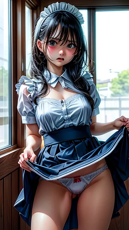 Super cute、Maid clothes、sexy、((Skirt Lift))、panties、((Very angry))