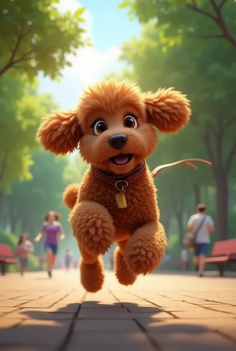 Brown poodle escaping from its owner&#39;s leash and running away from him in a park