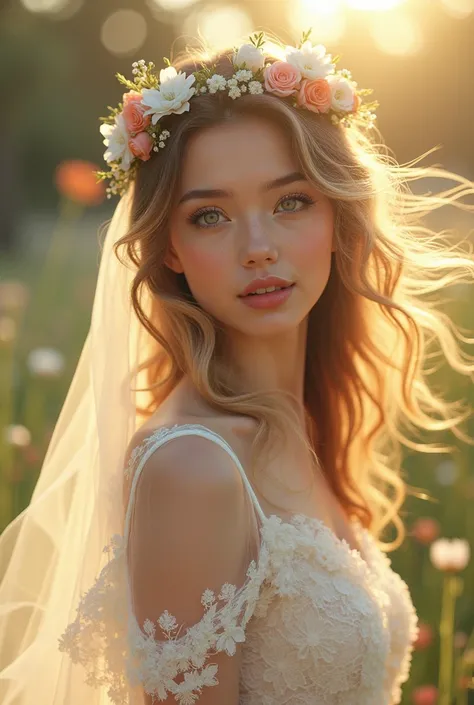 Beautiful young woman with wavy long hair, Wedding dress, ((Age20)), see-through, Round face, Glowing lip gloss, Droopy eyes, A clear double, Natural makeup, Sunlight filtering through the trees, ((baby face)), Hair fluttering in the wind, blessing, Clear ...