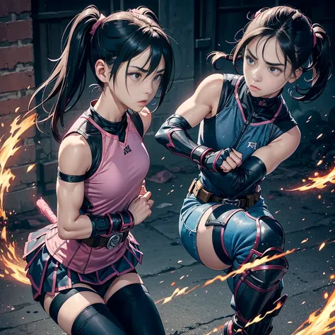 １People fighting female warrior、tall、gloves、Fight、Utility Belt、Kick、evening、Dust、ruins、anger、shout、Trained biceps、Twin tails、(Pink jersey)、Shingard、Knee pads、Shoulder Armor、Chest Armor、head band、Denim skirt、tights、Black Hair、Elbow pads、Realistic