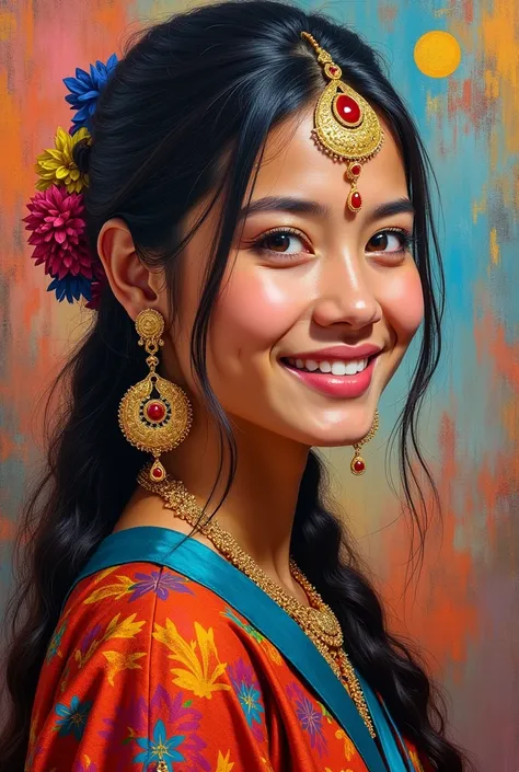 Nepali treditionl tebaitian  bhutanees old women 

19 year
 girl ,wearing treditionl nepali dress with gold ornaments big round disk earings, star and moon ornaments on a forehead 
,art oilpaint, acrylic, vibrant colour different colour,potrait painting  ,...