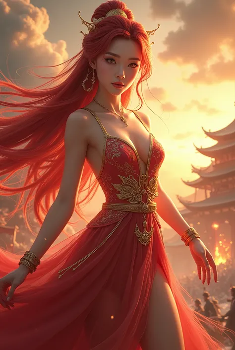 Character Description:Create an image of a powerful and majestic character with the following features:Hair: Long, flowing hair in a striking ruby red color.Eyes: Deep ruby red, matching the hair, with a captivating and intense gaze.Height: 1.65 meters (5 ...