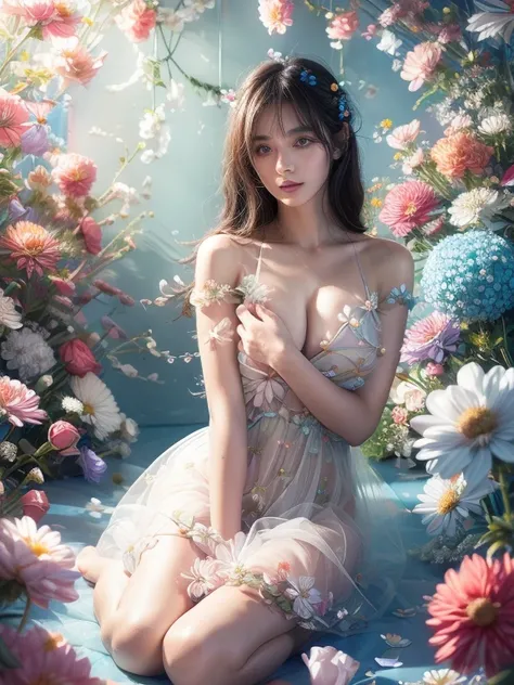 (fashion magazine blockbuster:1.2),(attractive woman:1.3),(beautiful and delicate eyes:1.2),(fashion clothing design:1.2),(tulle texture:1.1),turquoise flowers,surrounded by flowers,crystal clear dew,fresh and elegant,(flowers blooming wildly:1.2),delicate...