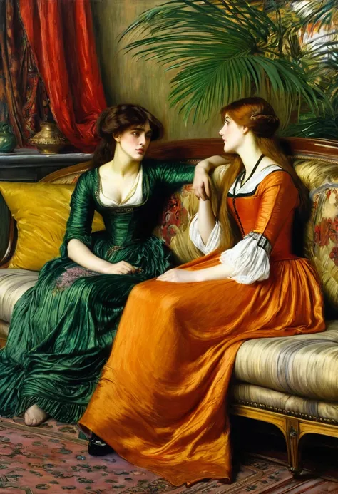 Painting of two women sitting on a sofa, one woman guessing from the palm of the other womans hand, James Saint, pre-Raphaelite oil painting, Rosetti and Monet, Vittorio Matteo Corcos, Joseph Keppler, pre-Raphaelite painting, pre-Raphaelite painting