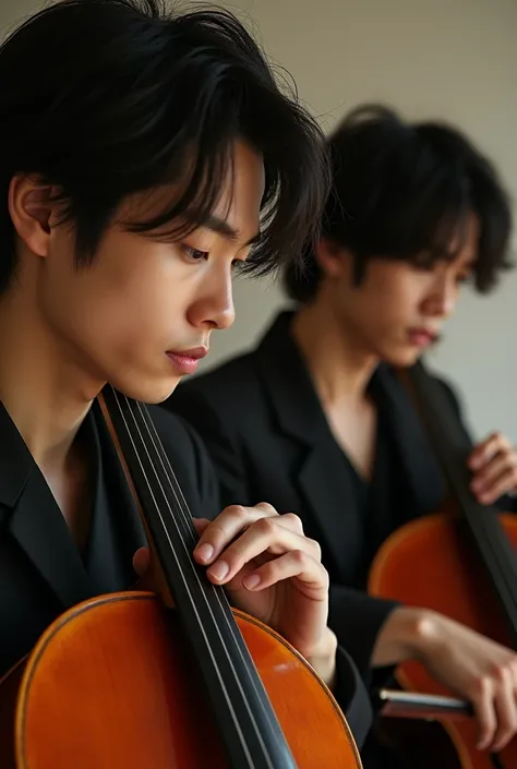 ((Close-up))((Half-length photo))((Masterpiece))((real photos))A 3 handsome Japanese man plays the cello alone.He was completely immersed in the beautiful melody and music atmosphere.