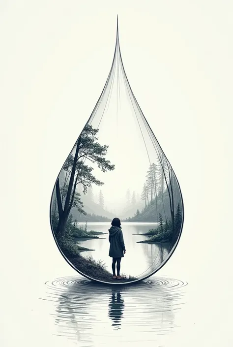 Person in front of a lake full of nature to draw only with lines inside a drop of water 