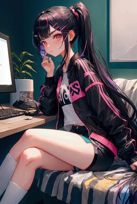 1 girl, length hair, small breasts, hair ornaments, Colorful hair clips, closed mouth, New Fashionable Clothing, Shorts, Top, Sport Jacke , black hair, straight hair, Streamer, Fringes between the eyebrows, Double ponytails, in the dark, room, natta, Am PC...