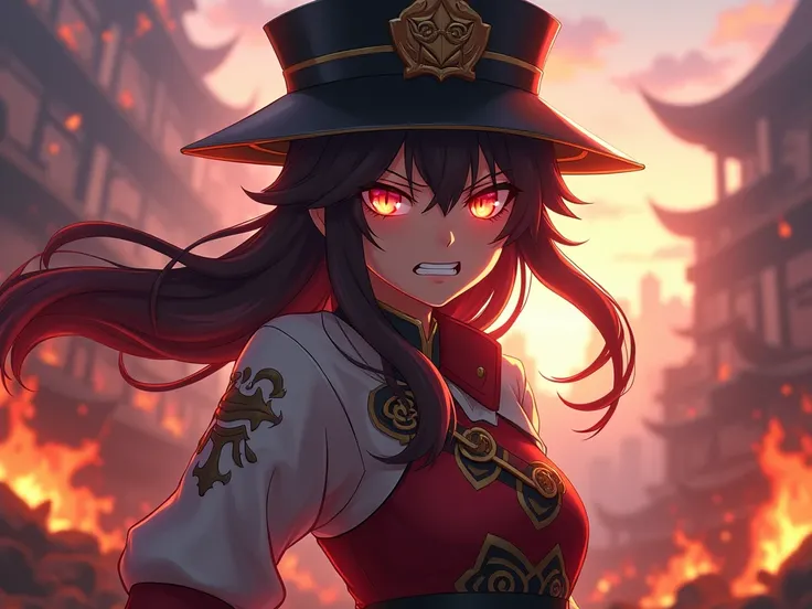 masterpiece,best quality,hu tao (genshin impact),genshin impact,fate/grand order,insanely detailed anime,hat,Cute,animation,expressionless,emphasis lines,glowing eyes,clenched_teeth,battlefield,(insanely detailed eyes),Middle Ages of Rubble,angry,cool,sad,...