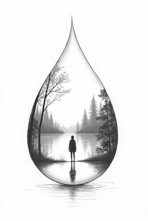 Person in front of a lake full of nature to draw only with lines inside a drop of water 