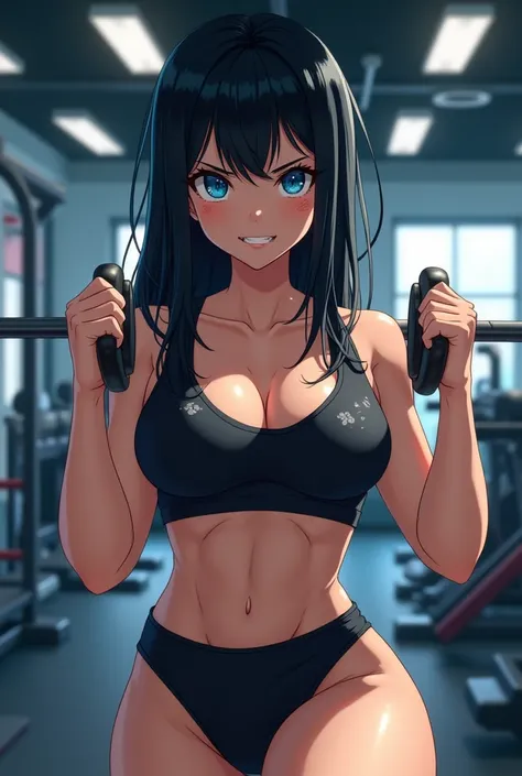 Hime cut black long hair、She has straight bangs and blue eyes.、Big breasted girl at the gym。she&#39;Wearing training clothes、Do sit-ups。Clenched teeth expression.、Sweating and blushing。A gym is visible in the background..。