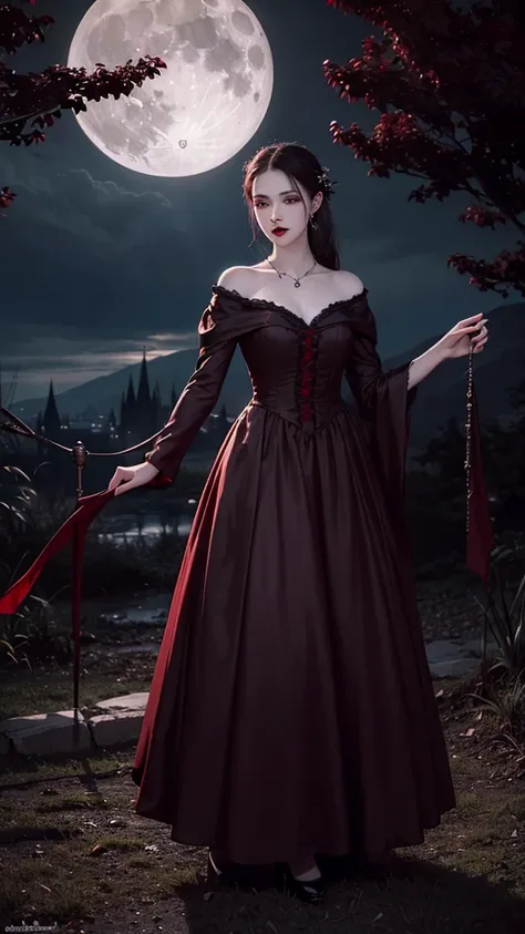 (best quality, ultra high res, elegant vampire woman, wearing vintage dress, standing under moonlight, pale skin, piercing red eyes, gothic atmosphere)