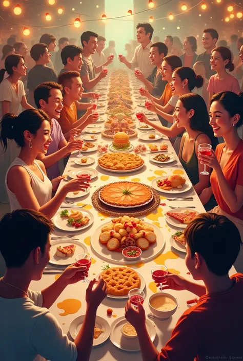 A group of people feasting at the party happily 