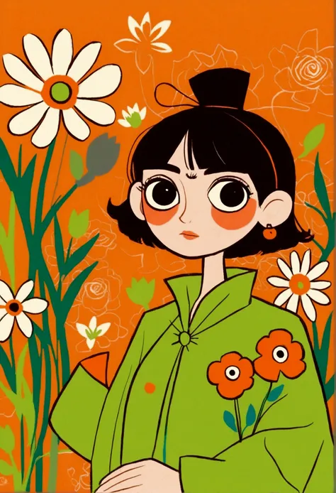 Victor Nye，Class Representative，&#39;style, Beautiful details，simple，Modern，advanced，Lovely，Color blocking，Flowers，orange，light green，grid，Wire，illustration，vitality，Pixar