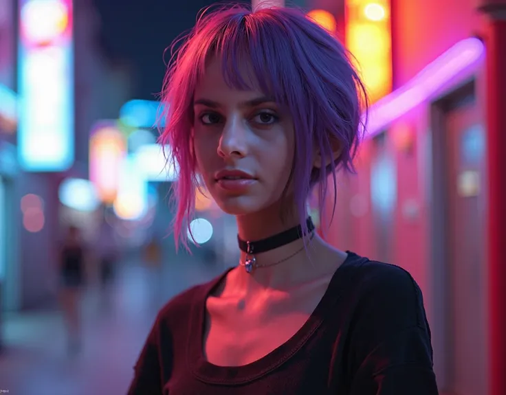 Cute girl with short multicoloured hair, tomboy hairstyle, 8k , super realistic, detailed, blurred background, neon lighting , wearing baggy pants, 