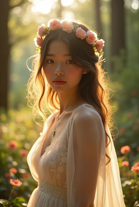 Beautiful young woman with wavy long hair, Wedding dress, ((Age20)), see-through, Round face, Glowing lip gloss, Droopy eyes, A clear double, Light reflects in the eyes, Natural makeup, Sunlight filtering through the trees, ((baby face)), Hair fluttering i...